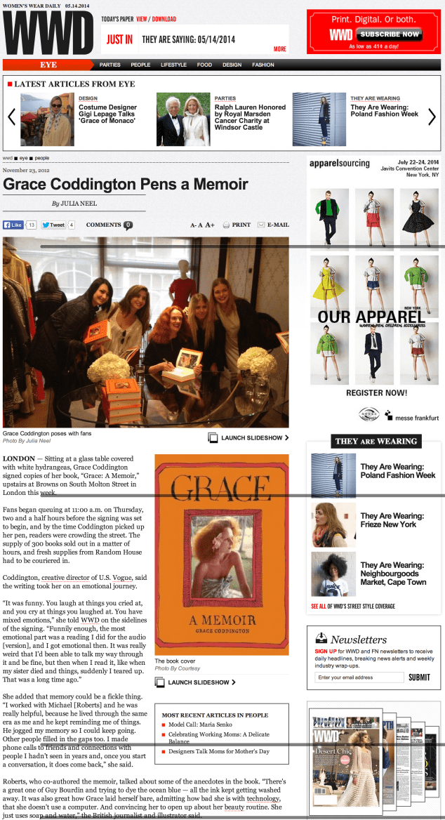 WWD, Grace Coddington Memoir