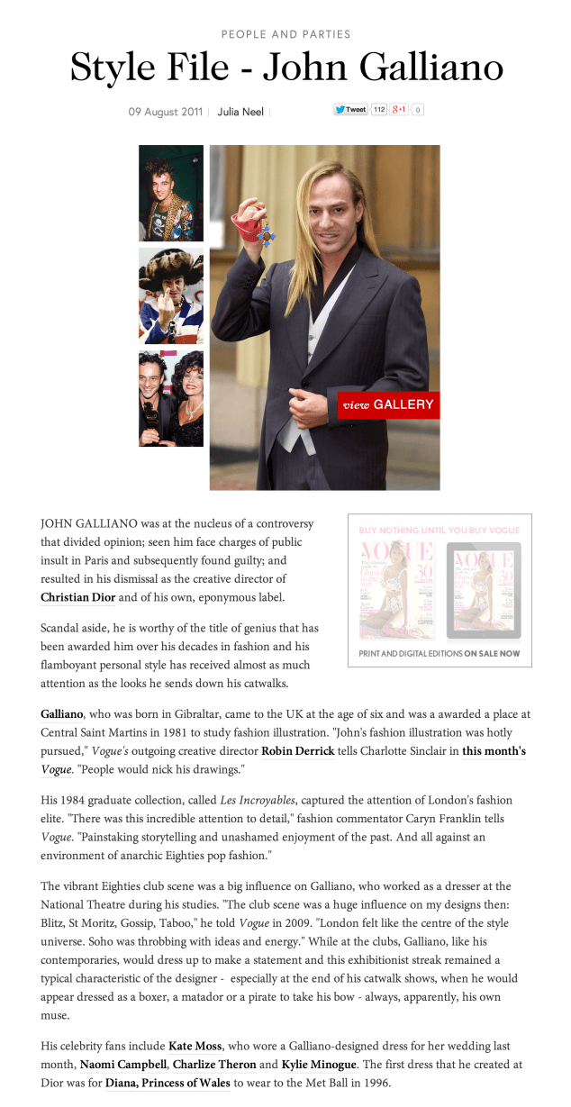 Vogue.com, John Galliano Style File