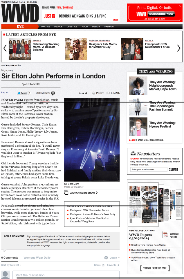 WWD, Elton John Performs at the Battersea Power Station