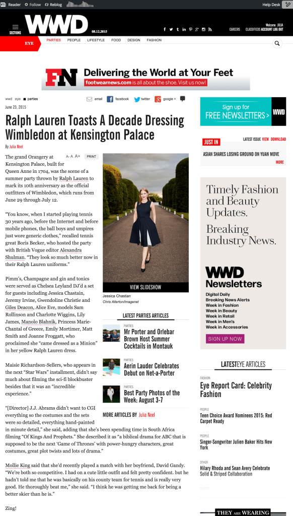 Ralph Lauren’s Wimbledon Anniversary Party Draws Jessica Chastain   WWD June 23 2015